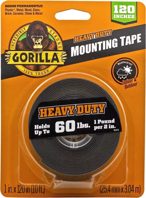 Gorilla Heavy Duty Double Sided Mounting Tape XL, 1" x 120", Black (Pack of 1)