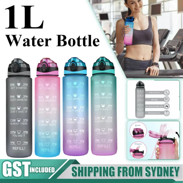 1L Water Bottle Motivational Drink Flask With Time Markings BPA Free Sport Gym