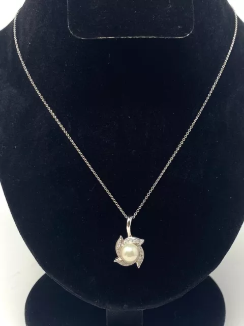 Sterling Silver 925 Faux Pearl CZ Floral Pendant Necklace Jewelry