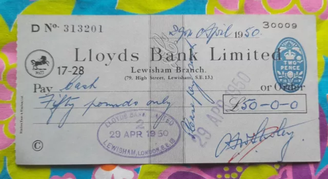 Vintage Cheque - Lloyd's Bank Ltd, Lewisham - 1950