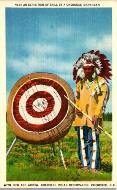 Vintage Postcard Native American Cherokee Indian Marksman with Bow & Arrow NC
