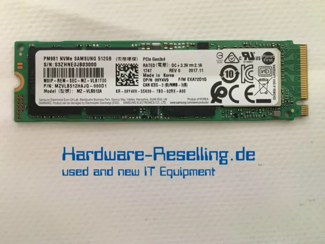 Samsung Dell PM981 Nvme 512GB 09Y4V9 MZVlB512HAJQ MZ-VLB512A