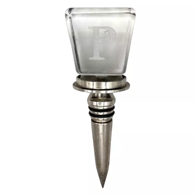 Laser etched heavy clear glass monogram “P” wine bourbon bottle stopper