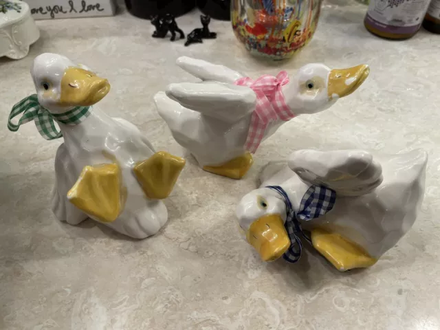 3 vintage ceramic ducks bows figurines Farm Country Jemima