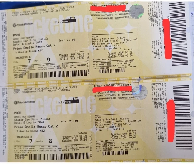 vendo 2 biglietti concerto dei pooh stadio San Siro Milano 06 luglio
