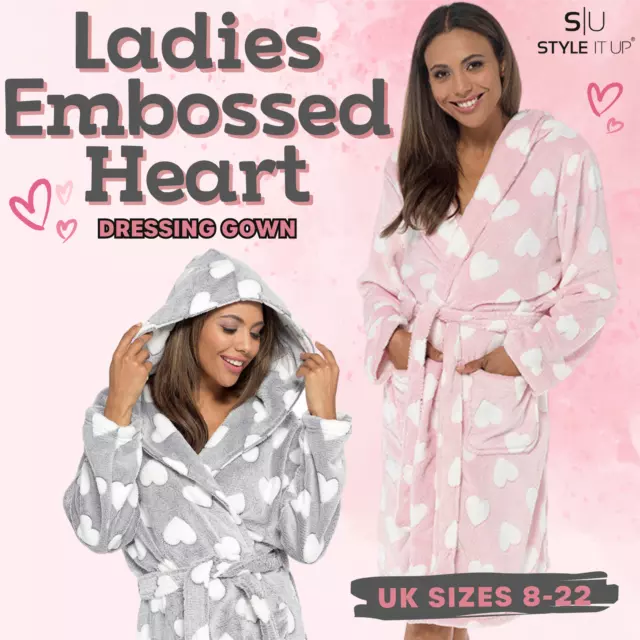 Ladies Heart Embossed Warm Soft Snuggle Cosy Hooded Robe Womens Dressing Gown