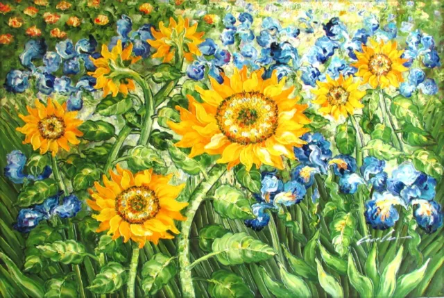 Van Gogh Sunflower and Irises field Repro 5, Hand Painted Oil Painting, 24x36in