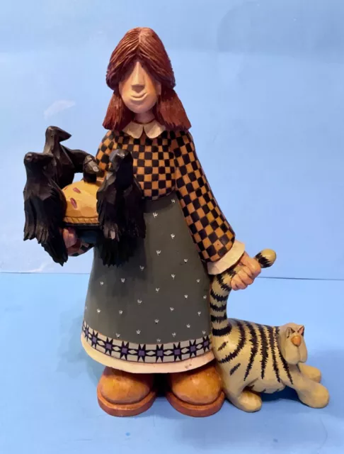 1998 Williraye Studio Folk Art Lady Figurine Holding Pie Blackbirds Cat WW1036