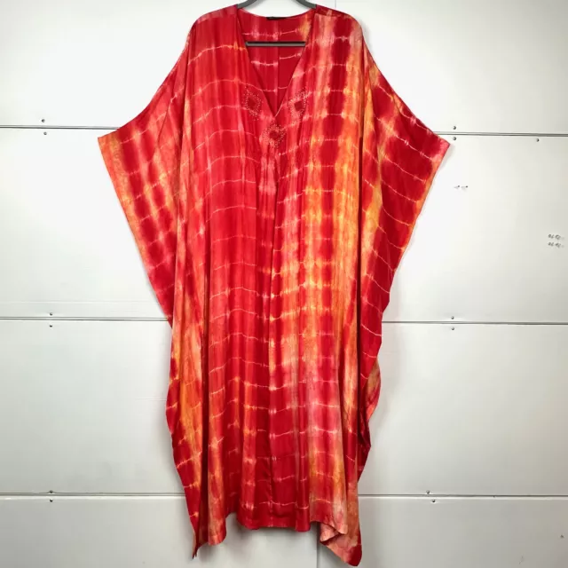 Josie Natori Womens sz L 100% Silk Tie Dye Beaded Kaftan Dress Maxi Cover Up