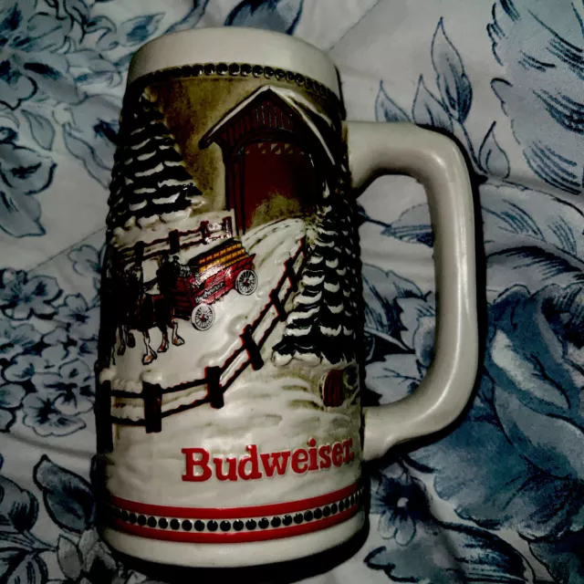 VINTAGE 1984 Budweiser Holiday Beer Stein Clydesdale Covered Bridge