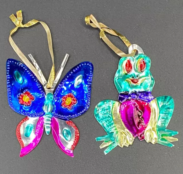 Two Ornaments Mexican Hand Painted Tin Metal Butterfly & Frog - Holiday