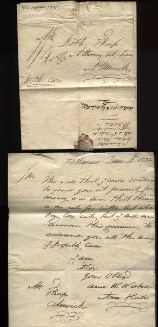 1822 Rattinraw, P/M HEXHAM/299, letter Andrew Wiston & Ann Hall to Alnwick