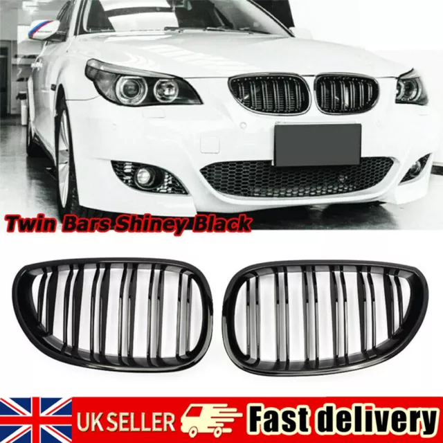 Dual Slats Front Kidney Grille Grill for BMW E60 E61 5 Series 03-10 Gloss Black