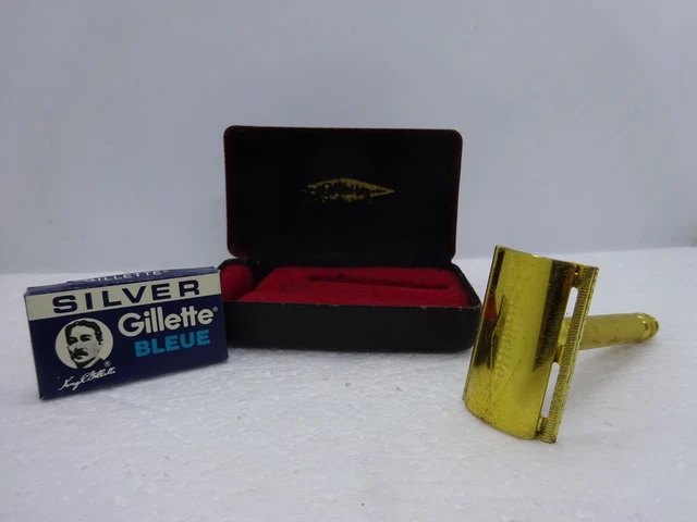 Vintage Gillette 3 Piece Gold Tone Ball End Tech Safety Razor + Blades in Case