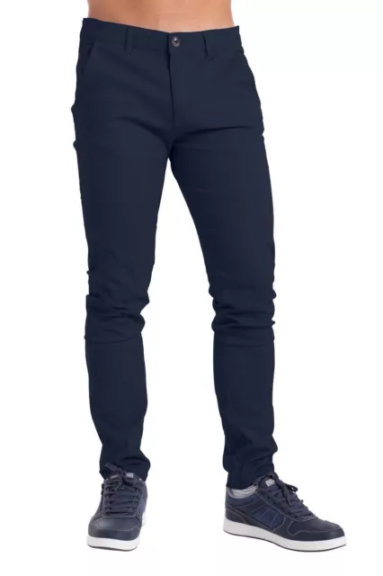 Mens Chino Trousers Slim Fit Pants Stretch Skinny Leg Cotton Casual Jeans Navy