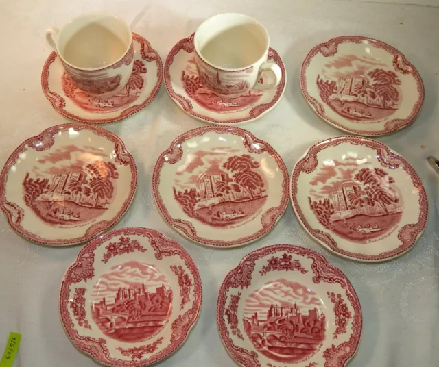 10 JOHNSON BROTHERS OLD BRITAIN CASTLES SQUARE RED PINK Plates Bowls & Cups lot