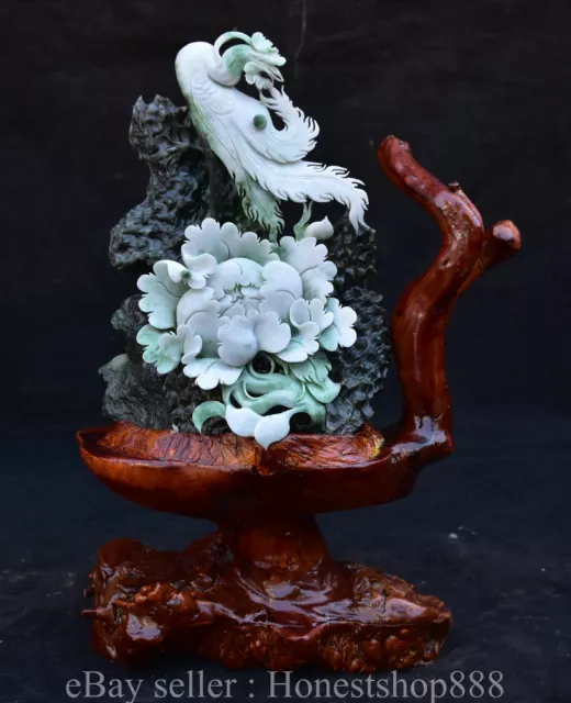 12" Chinese Natural Dushan Jade Carved Mountain Phoenix Flower Wealth Statue
