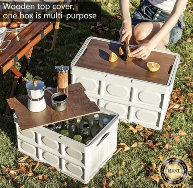 Folding Storage Box Camping Outdoor Fishing Crate Car Trunk Organizer Wooden Lid