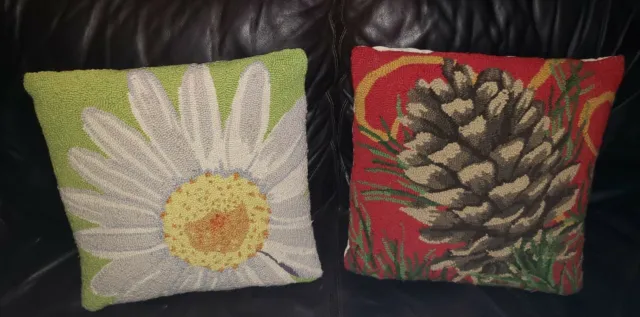 LOT OF 2 wool pillows pinecones Daisy floral 18X18 holiday Christmas hand loomed