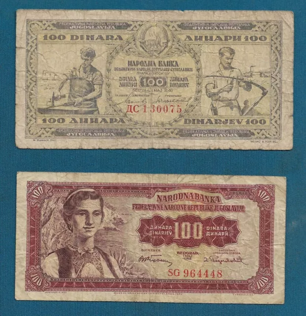 Yugoslavia banknotes, 100 Dinara 1946. + 100 Dinara 1955. Original banknotes !