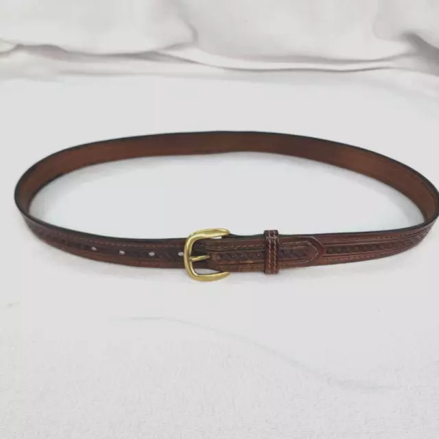 Western Belt Mens Size 34 Brown Leather Basket Weave Solid Brass Buckle