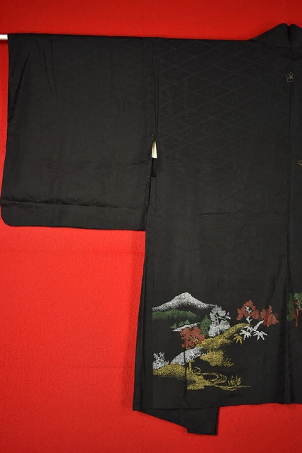 Vintage Japanese Kimono Silk Antique BORO Black HAORI Kusakizome Woven/A637/390 3