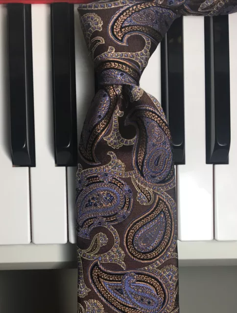 JOS. A. BANK - HERITAGE / Plump Paisleys in Blue & Bronze on Brown Slim Silk Tie