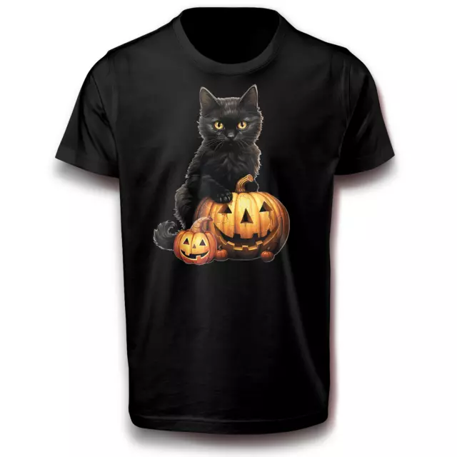 Halloween Schwarze Katze mit Kürbis T-Shirt 122 - 3XL Baumwolle Fun Gruselig