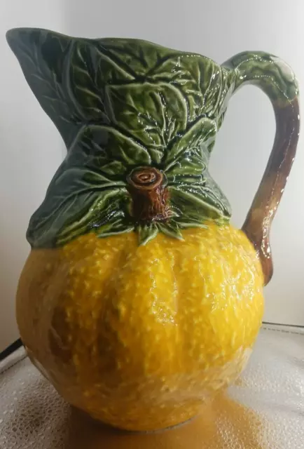 Olfaire Pottery Orange Shaped Pitcher Made in Portugal 9" Green Leaves