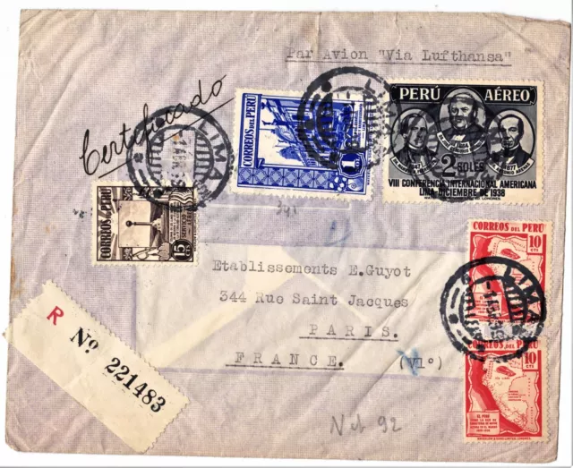 Perou Lod Letter Airmail Post Year 1939  Lima To Paris