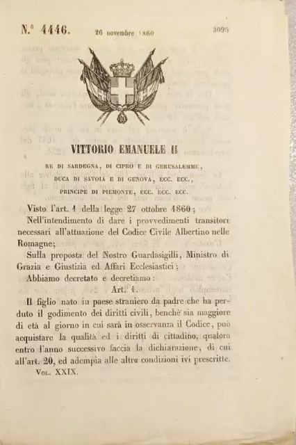 Decreto V. Emanuele II - Diritti cittadina figlio nato in paese straniero - 1860