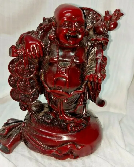 Red Resin Wealth Money Bag Coin Happy Lucky Buddha Statue Feng Shui 6.5"