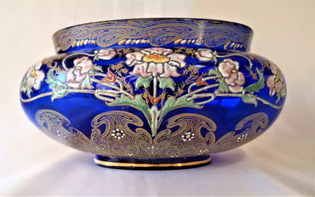 Legras Parisienne Art Nouveau Blue Gilded Enamelled Poppy Glass Jardiniere Vase