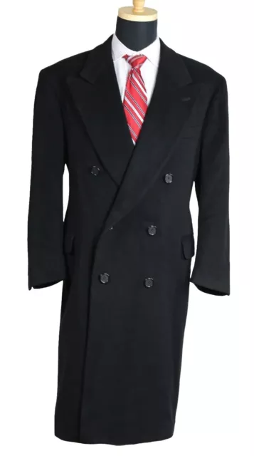 Heavy Pure Cashmere Solid Black DB Polo Overcoat Made In USA Size 43S