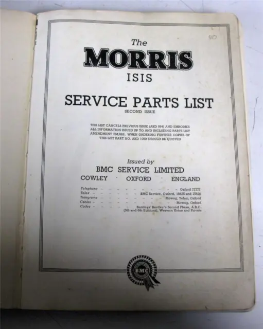 MORRIS ISIS Illustrated Service Parts List Second Issue c1959 #27/37(18471) 5/59 2