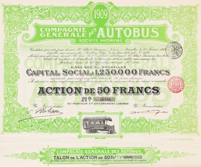 Compagnie Generale Des Autobus - Action De 50 Francs 1909 - Belgique Bruxelles