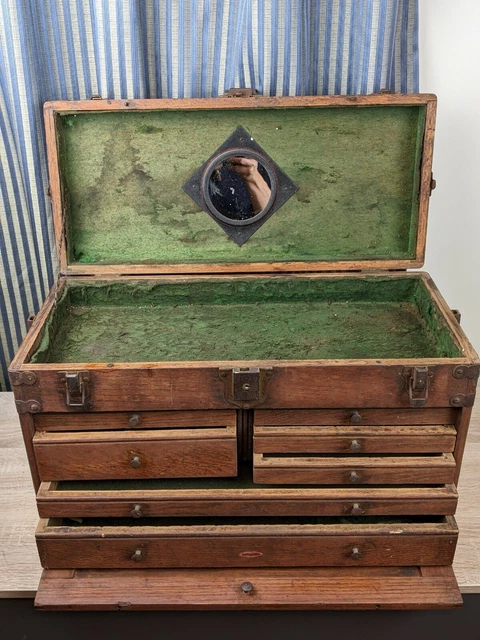 Vtg Mahogany Schartow Iron Sipco Products 8 Drawer Machinist Tool Box 20x9x12.5"