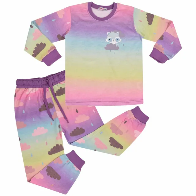 Kids Girls Pyjamas Cloud Print Contrast Top Bottom Rainbow Sleepwear Set 2-13 Yr