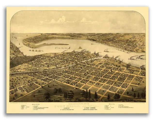 1867 Port Huron Michigan Vintage Old Panoramic City Map - 18x24