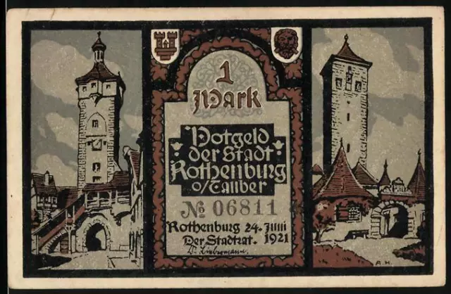 Notgeld Rothenburg o. Tauber 1921, 1 Mark, Ortspartie, Allegorie Liebe, Glaube,