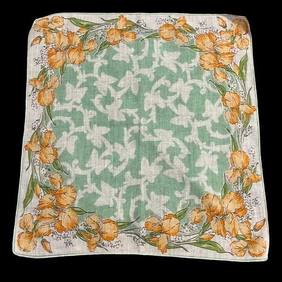 Vintage Handkerchief Green Orange Orchids Flowers Floral Butterflies 11.25 x 12"