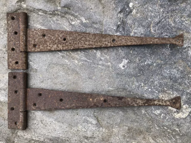 Antique Strap Hinges Pair Hand-Forged Iron 18" original 1900s Barn Gate Rare tip 2