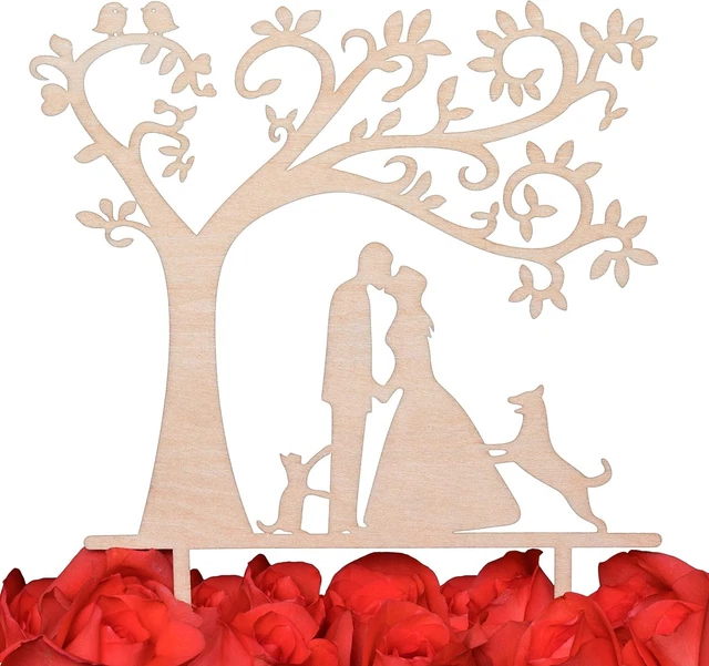 WOODEN WEDDING CAKE Topper Groom Bride Kissing Cat Dog Anniversary ...