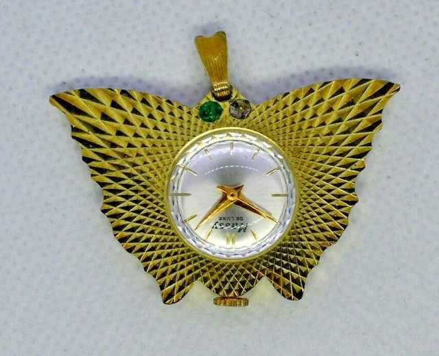 VINTAGE MASSY DE Luxe Gold Tone Moth/Butterfly Pendant Watch 