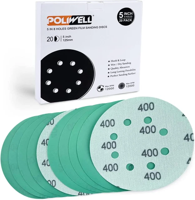 POLIWELL 5 Inch Sanding Discs 8 Holes 400 Grit Wet Dry Film-Backed Green Line Ho
