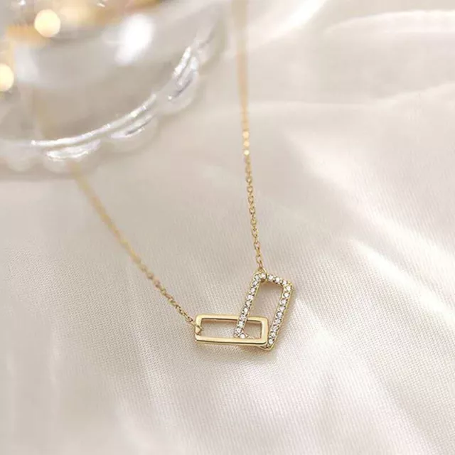 Collana Quadrata Doppio Strato Lampeggiante Diamante Geometrica Clavicola Catena Femmina SN❤