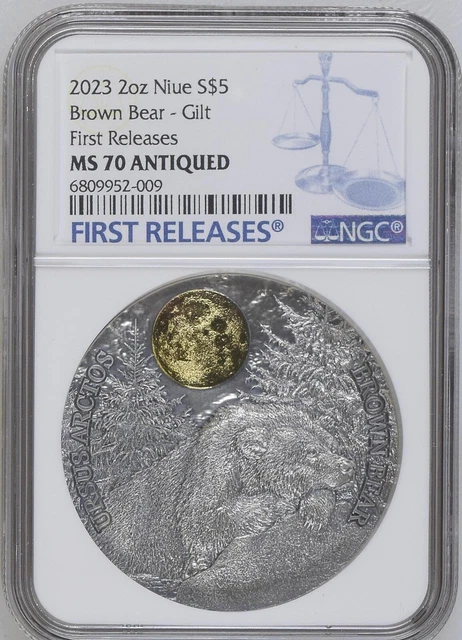 2023 Niue 2 oz Silver Wildlife In the Moonlight: Brown Bear NGC MS70 FR