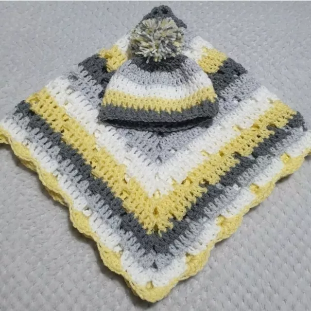 handmade crochet baby blanket + hat set  lemon, grey,  white.Cot, pram, car seat