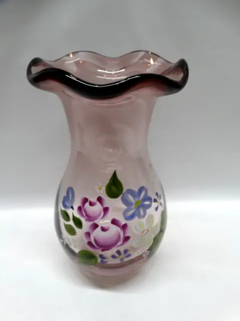 Fenton Purple Amethyst Ruffled Top Glass Floral Hand Painted Vase Teleflora