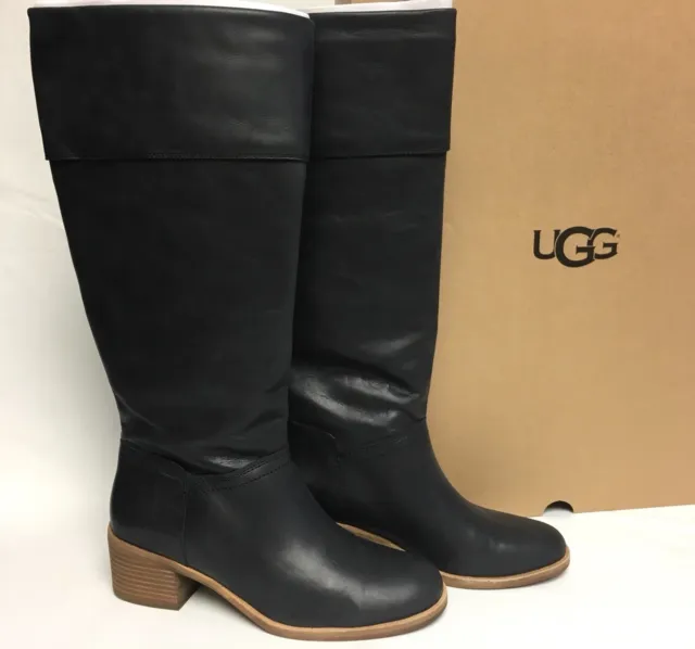 UGG Australia CARLIN BLACK TALL LEATHER HEEL BOOTS Classic Tall 1017469 Womens ~